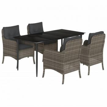 5 Piece Gray Poly Rattan Garden Dining Set with Cushions