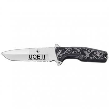 Cuchillo de Supervivencia UOE II J&V con mango Micarta negra, hoja de 17 cms y funda cordura multiposición. Herramienta de Camping para Pesca, Caza y Actividades Deportivas al Aire Libre