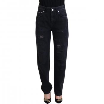 Dolce & Gabbana Black Cotton Tattered High Waist Denim Jeans - IT40|S, Slim-fit, female, Black, Size: XS with Logo Details