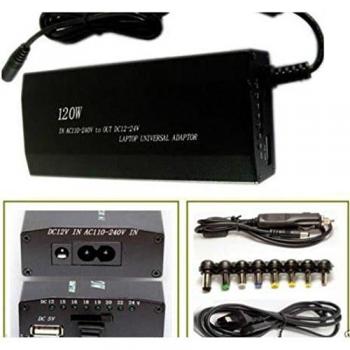 Alimentador Universal 120W para Notebook y PC con 9 Adaptadores, Uso en Casa y Auto, Conexión USB