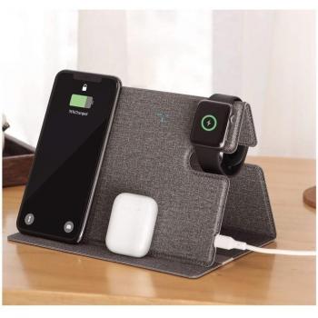 Cargador Inalámbrico 3 en 1 de Tela Verde Compatible con Smartphones, Smartwatch y Auriculares