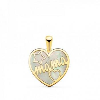 Colgante Oro 18k Corazón Mamá Nácar Estrella 16 mm. Mujer