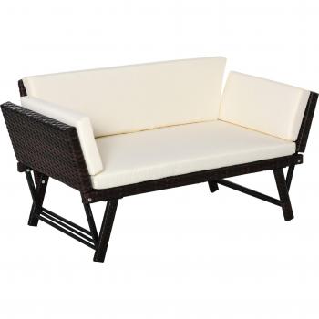 Outsunny Sofá de Ratán Convertible en Cama de 2 Plazas con Reposabrazos Abatibles y Cojines Acolchados 129x63x66 cm Marrón/Beige