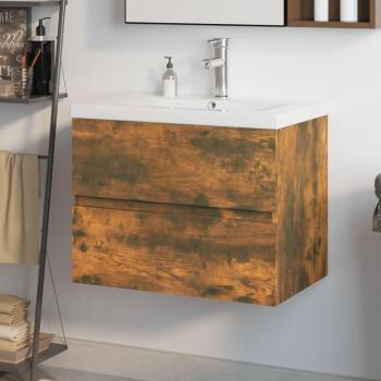 Mueble de baño con lavabo integrado de madera multicapa en acabado roble ahumado marrón