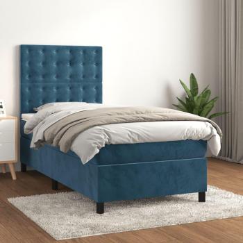 Cama box spring suave con colchón terciopelo azul oscuro 100x200 cm