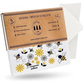 SUPERSCANDI | Bayeta Sueca Super Absorbente, Reutilizable Y Ecologica | Paños De Cocina Biodegradables De Celulosa Y Algodón | Bayeta Cocina | Trapo Cocina, Limpieza | Pack x5, Abejas