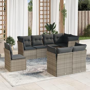 8-Piece Grey Poly Rattan Garden Sofa Set with Cushions