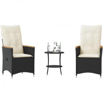 3-Piece Black Poly Rattan Bistro Set with Cushions
