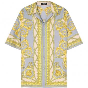 Versace Men's Baroque Print Golden Silk Shirt Size 52