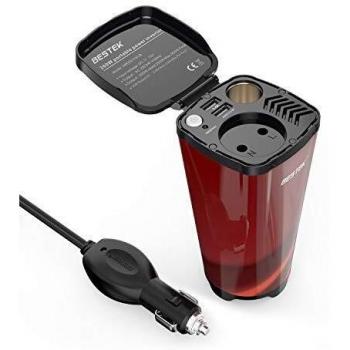 BESTEK Inversor De Corriente 200W 12V A 220V para Coche Cargador De Energía con 2 USB Puertos De 4.8A Y 1 Toma De Encendedor Mechero De Coche y 1 AC Enchufe, Copa De Café