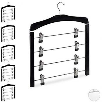 Set de 6 Perchas Múltiples con Pinzas para Faldas y Pantalones, Madera-Metal-Goma, Negro, Ganchos Giratorios 360°