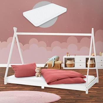 Cama Tipi Infantil de Madera de Pino Blanca 90x200 cm con Colchón Hipoalergénico y Somier de Listones