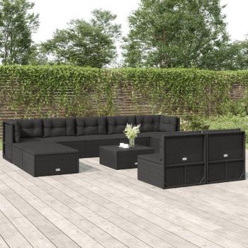 10 Piece Black Poly Rattan Outdoor Lounge Set with Cushions