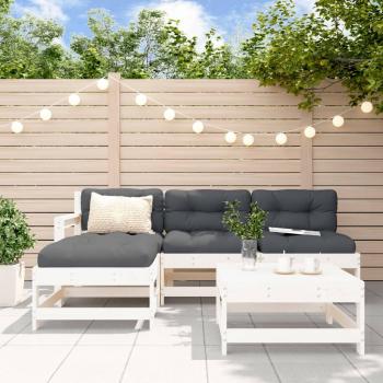Juego de muebles de jardín 5 piezas con cojines, madera maciza blanca