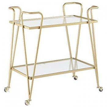 Carrito de Cocina Dorado de Metal y Vidrio 75 x 45 cm con Ruedas Glamour y Almacenamiento Abierto de Dos Niveles