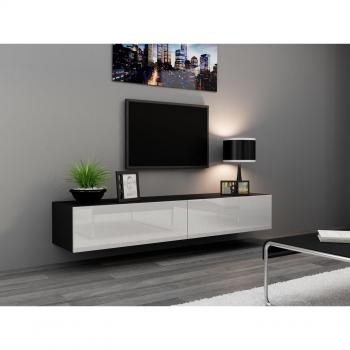 Cama RTV Vigo 180 cm con soporte para TV y centro de entretenimiento, negro y blanco brillante