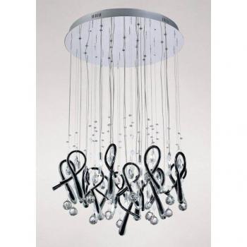 Lámpara colgante redonda 20 bombillas G4 cromo pulido/vidrio negro/cristal, no compatible con LED/CFL