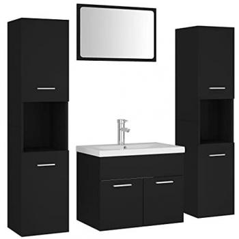 Conjunto de Muebles de Baño Aglomerado Negro con Armario, Lavabo Empotrado, Fregadero, Grifo y Espejo