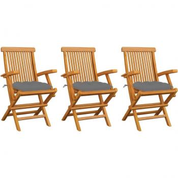 Teak Garden Chairs Set of 3 with Grey Cushions