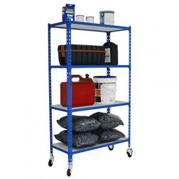 Estantería Maderclick Móvil Superplus 4 Baldas Azul/Madera con Ruedas, 1575x1100x400 mm, Capacidad de 75 kg