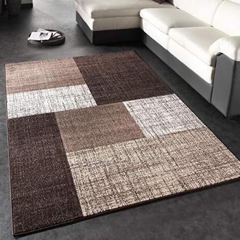 Alfombra Moderna a Cuadros de Pelo Corto en Marrón Crema, Tamaño 120x170 cm, 13 mm de Altura