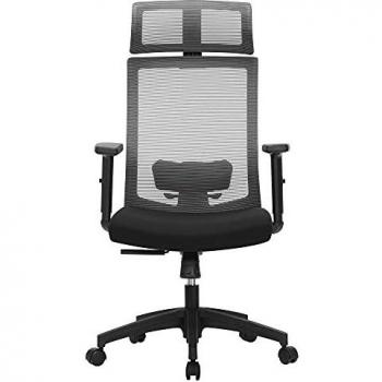 Silla de oficina ergonómica de malla con soporte lumbar ajustable, giratorio 360°, inclinación hasta 120°, apoyacabezas y apoyabrazos, colores negro y gris