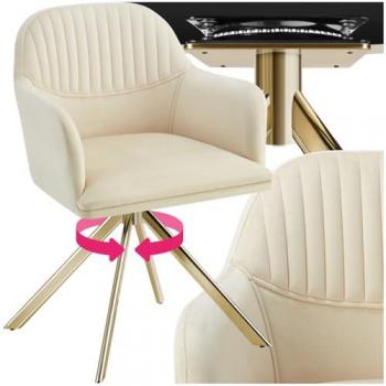 Silla de comedor giratoria de terciopelo Lona, 56 x 59 x 81 cm, Acolchado grueso, Respaldo continuo, Amplio asiento con reposabrazos, Patas de acero giratorias