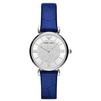 Emporio Armani Ladies Blue Leather Strap Watch AR11344, Classic Blue Leather Women's Watch, Two Hand Movement, 32 mm Silver Stainless Steel Case with a Leather Strap, Size: ONE SIZE