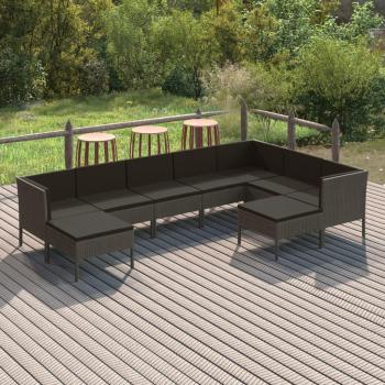 9-Piece Grey Poly Rattan Garden Lounge Set with Cushions