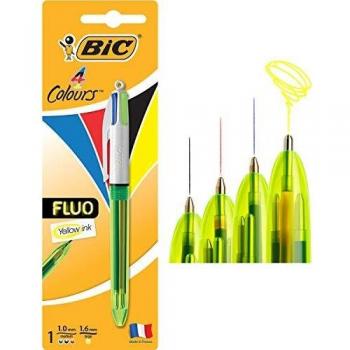 BIC 4 colores Fluo bolígrafos Retráctiles - Tinta Negra, Azul, Rojo y Amarillo Fluorescente, Blíster de 1 Unidad
