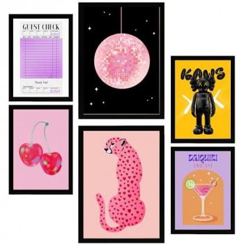 Set de 6 Pósters de Arte Moderno Kaws con Marco Negro para Decorar Paredes del Hogar (A3 y A4)