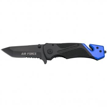 Navaja de rescate asistida Third K2776BLS con mango de aluminio negro y hoja de acero inoxidable negra de 9,5 cm, con cutter de cinturón de seguridad y punta rompevidrio, clip y funda