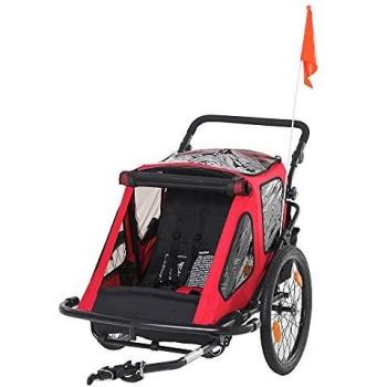 HOMCOM Remolque de Bicicleta 2 en 1 para Niños +18 Meses Plegable Cochecito de Paseo de 2 Plazas con Manillar Ajustable en Altura Bandera y Reflectores 160x83x96 cm Rojo