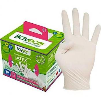 Bayeco - Guantes de un solo uso de Látex - Color Blanco - Ambidiestros - Aptos para el contacto con alimentos - Máxima sensibilidad - Pack dispensador de 30 unidades - Talla S