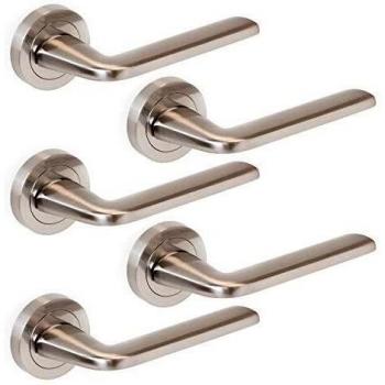 Emuca - Manetas para puertas de interior, lote de 5 juegos de manillas para puerta de paso con roseta D.50 mm, Aluminio y zamak, Níquel satinado.