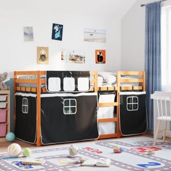 Litera de pino macizo con cortinas blancas y negras 80x200 cm