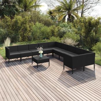 11-Piece Black Poly Rattan Garden Lounge Set with Cushions