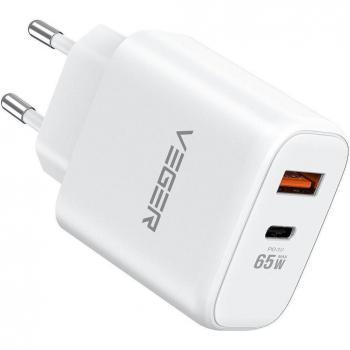 Cargador de Pared GaN Veger 65W con 2 Puertos USB-A y USB-C - Carga Rápida y Protección Contra Sobrecarga - Color Blanco