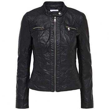 Only Bandit Faux Leather Biker Jacket - Black, Imitation Leather, Viscose Lining, Size 6 UK, Light Jacket for Women, Zip-Front Blazer