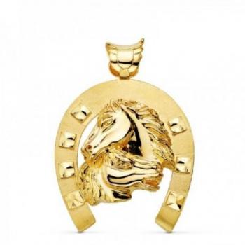 Colgante Oro 18k Hombre Herradura Combinada Cabezas Caballos Trasera Lisa 50mm