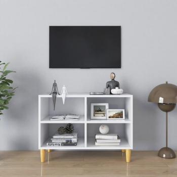 Mueble de TV con patas de madera maciza 69,5x30x50 cm en color natural y blanco, ideal para salón y televisor