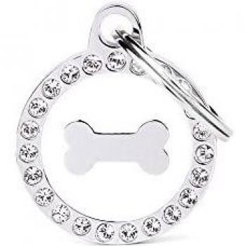 My Family Placa de Identificación personalizado Made in Italy, Círculo de Huesos con Rhinestone Blanco, Placa de identificación de Perro Grabada Gratis, Metal Esmaltado a Mano, Colección Glam