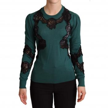 Dolce & Gabbana Green Wool Crewneck Sweater - IT36|XXS, Long Sleeve Top with Black Lace Details, female, Size: 3XS