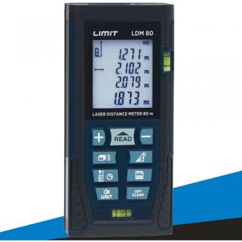 Distanciómetro láser Limit LDM 80, rango de medición hasta 80 metros, precisión de ±2 mm, pantalla LCD retroiluminada, funciones de cálculo de área y volumen, memoria para almacenar medidas, diseño compacto y