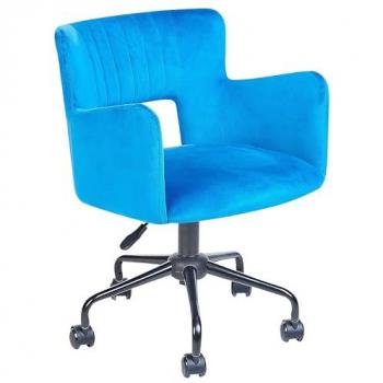 Silla de oficina moderna de terciopelo azul con reposabrazos, respaldo recortado, altura ajustable y base estrellada de metal negro