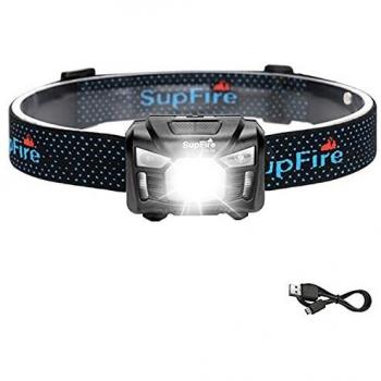 SuperFire Frontal HL06 Linterna Frontal LED Recargable, Ultraligero, 500 Lúmenes, Sensor de Movimiento, Luz Roja, 5 Modos, con Cable de Carga USB
