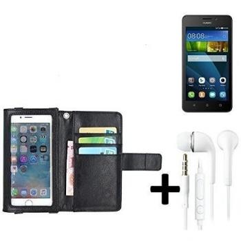 TOP SET: Funda para el Huawei Y635 con la pantalla del protector / protector integrado, negro, cuero sintético + Auriculares | Funda Universal Caso Monedero cubierta del tirón Monedero Monedero