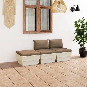 Muebles de jardín de palets 3 pzas con cojines de madera de abeto gris topo