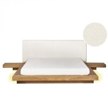 Cama moderna con led y cabecero de bouclé, plataforma de madera clara, 160 x 200 cm Zen