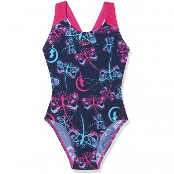 Speedo Flashfly Allover Splashback Traje de Baño, Niñas, Azul Marino/Turquesa/Rosa